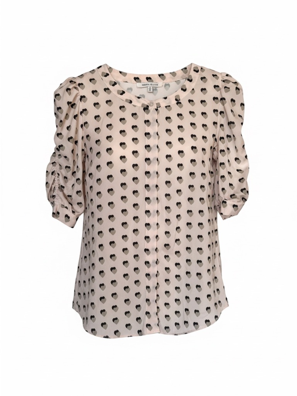 Soft Pink Heart Print Puff Sleeve Blouse